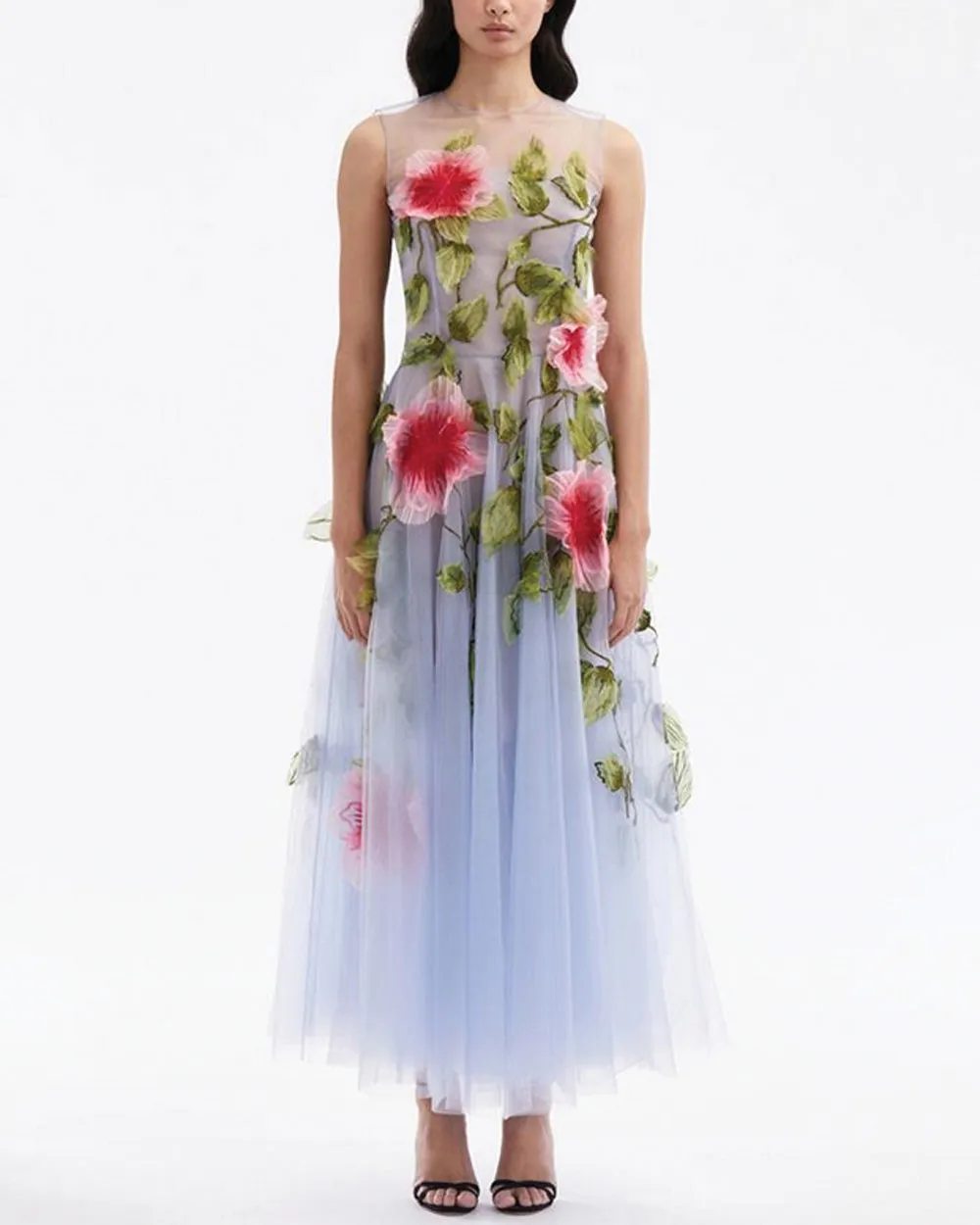 Blue and Pink Hibiscus Embellished Organza Gown