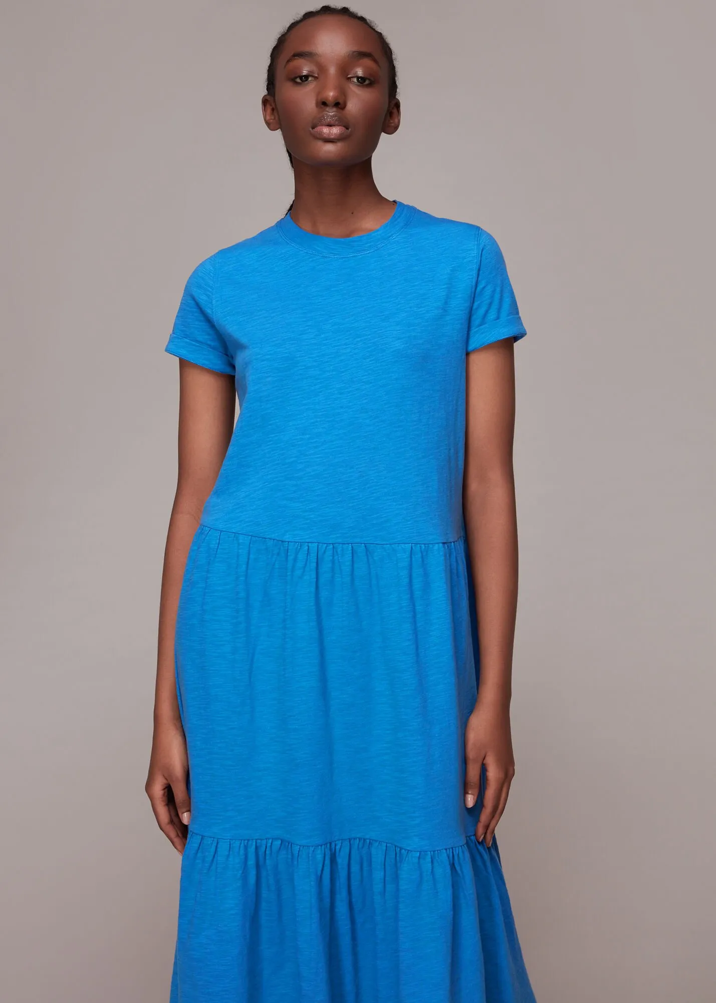 Blue Tiered Jersey Midi Dress