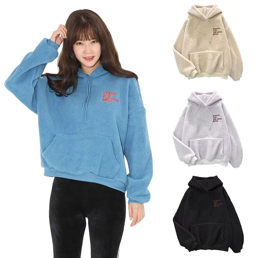 Casual Cute Hoodies Shearling Tops Womens Girls Korean K-pop Style Winter Fleece Warm Soft Loose fit