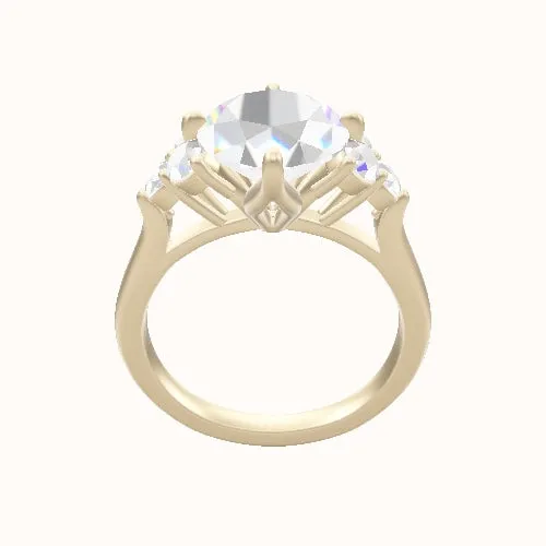 Cathedral Band with Round Sidestone Trio Engagement Ring With Petal Compass Prong Head