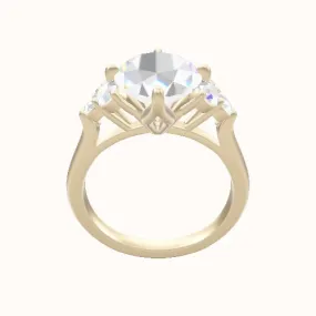 Cathedral Band with Round Sidestone Trio Engagement Ring With Petal Compass Prong Head