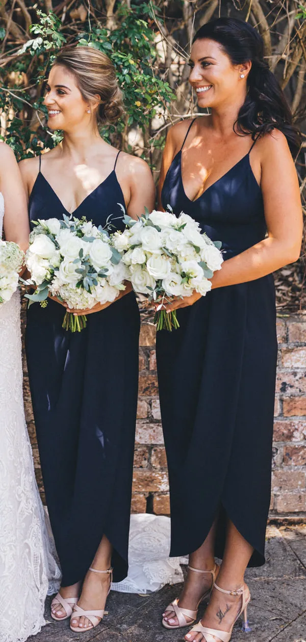 Dark Navy Jersey Spaghetti Strap V-neck Sheath High Low Bridesmaid Dresses,DB133