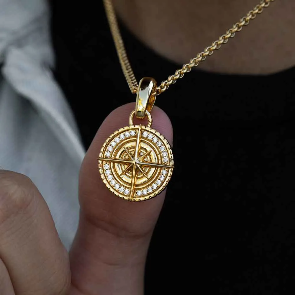 Diamond Compass Necklace Pendant & Cable Chain