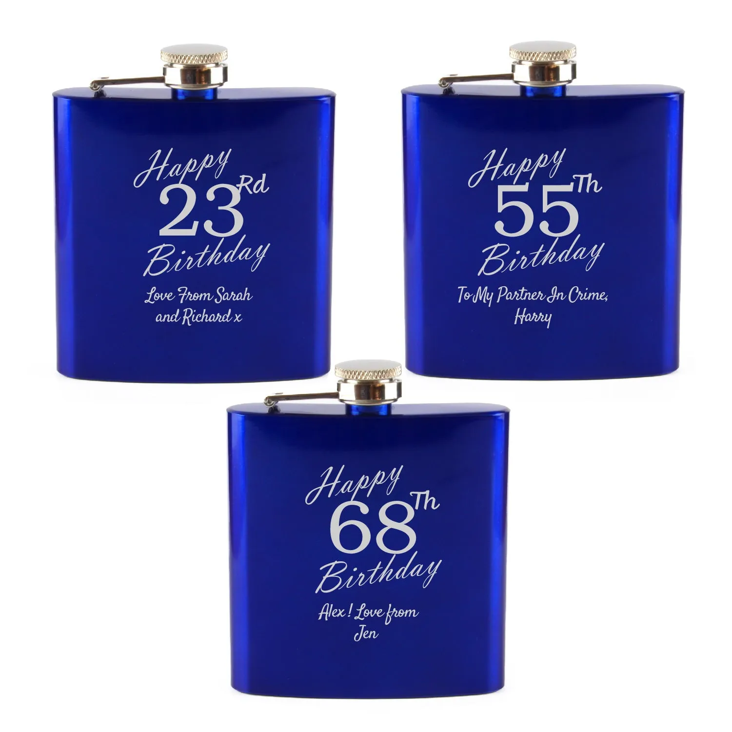 Engraved 6oz Blue Steel Hip Flask Happy Custom Number Birthday