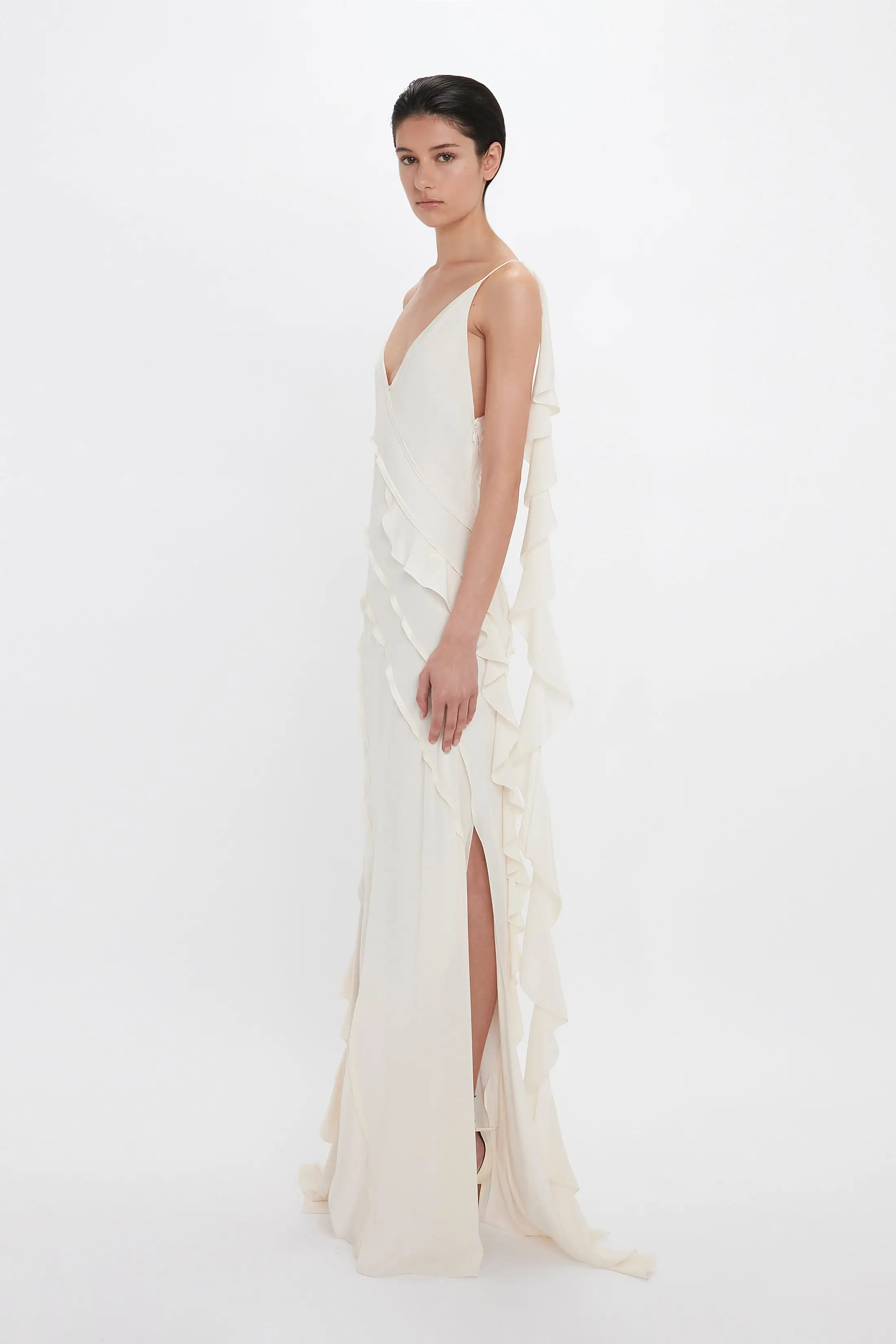 Exclusive Asymmetric Bias Frill Dress In Ivory