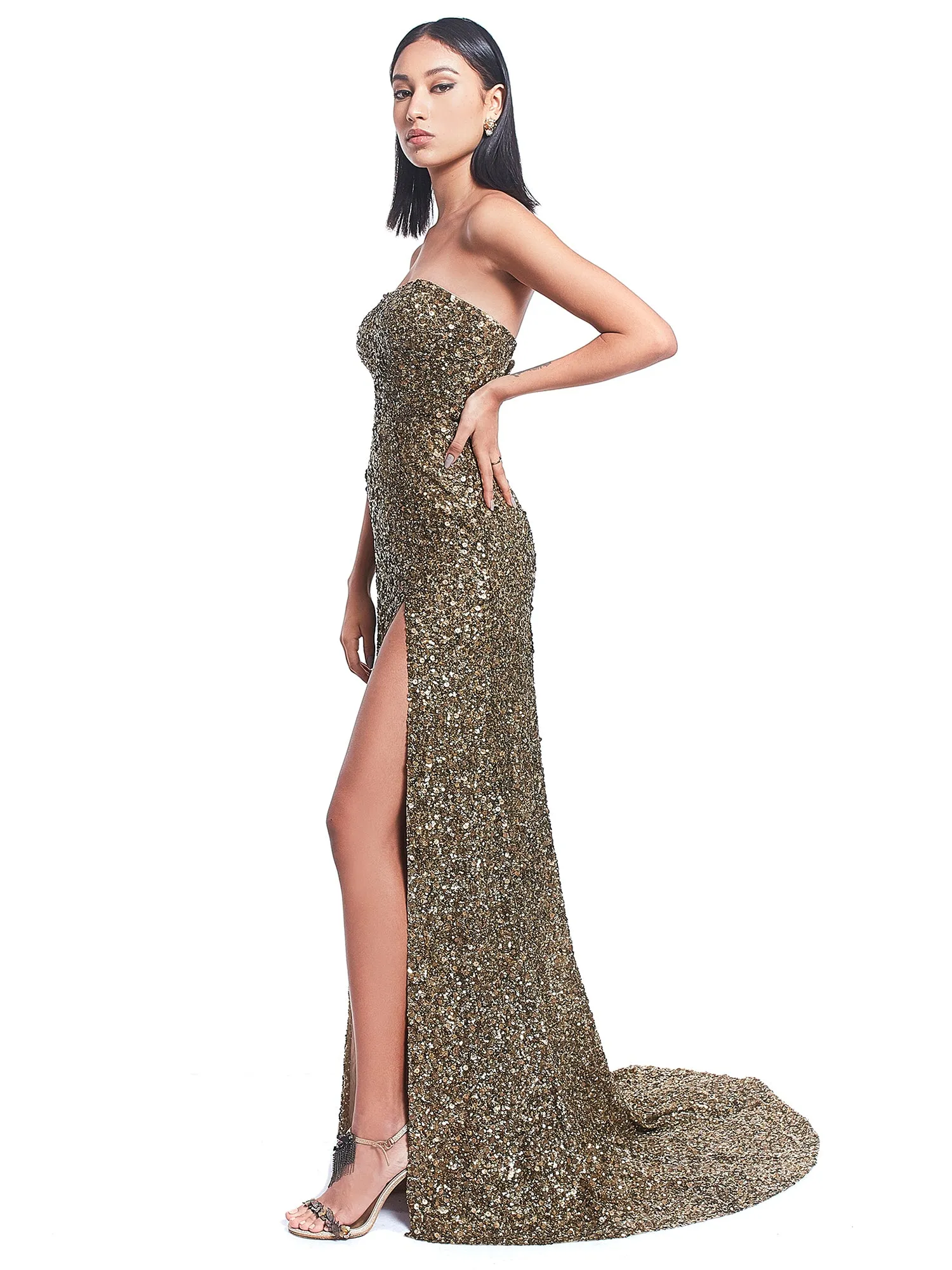 Golden Tube Sequin Gown with Trail