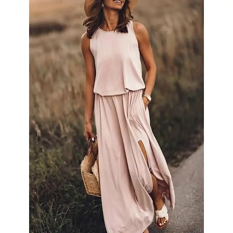 INSTOCK - summer women's round neck sleeveless dress with slit