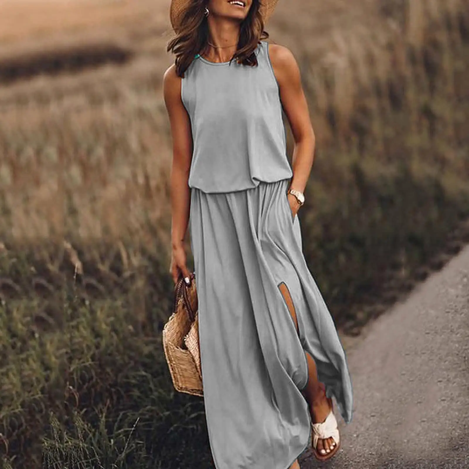 INSTOCK - summer women's round neck sleeveless dress with slit