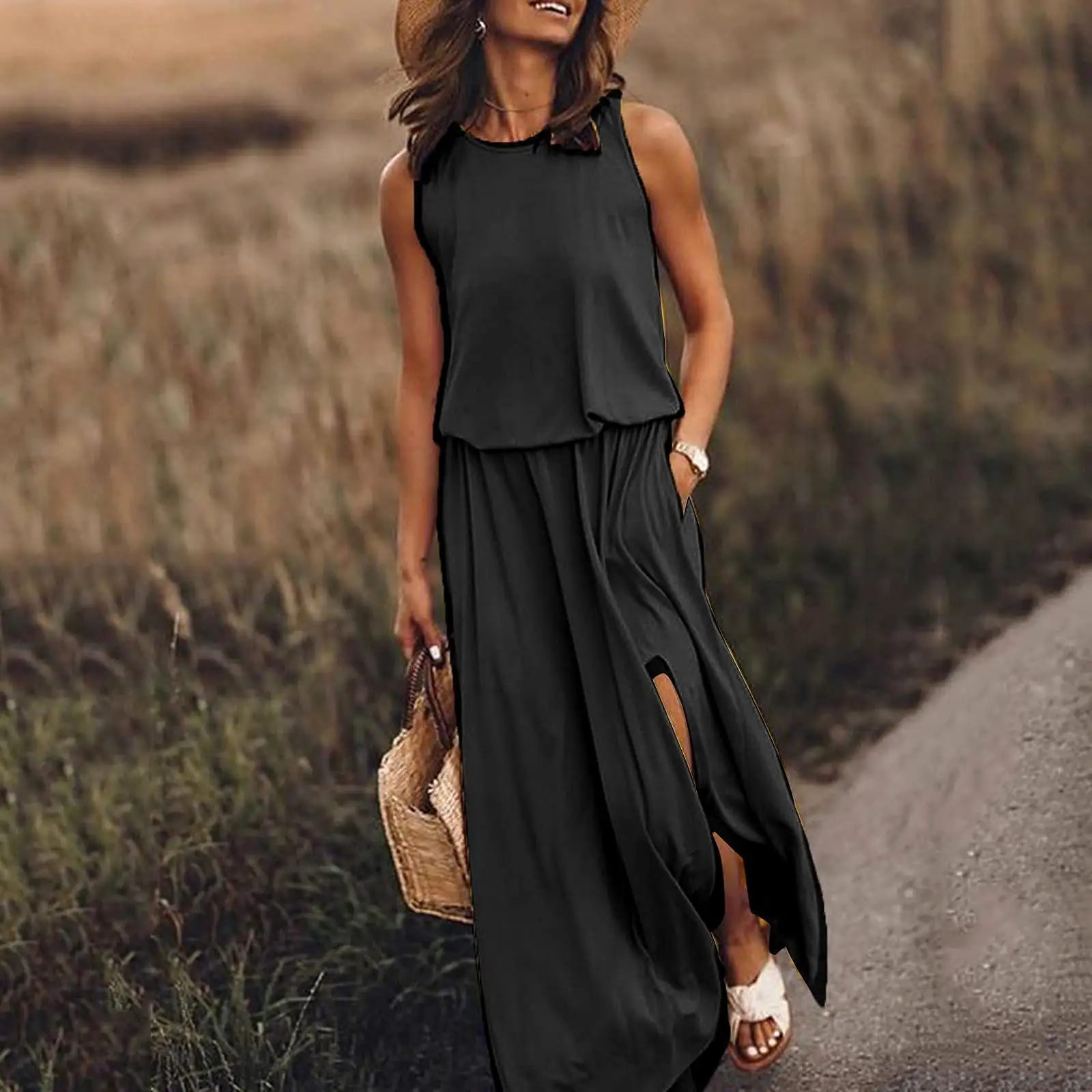 INSTOCK - summer women's round neck sleeveless dress with slit