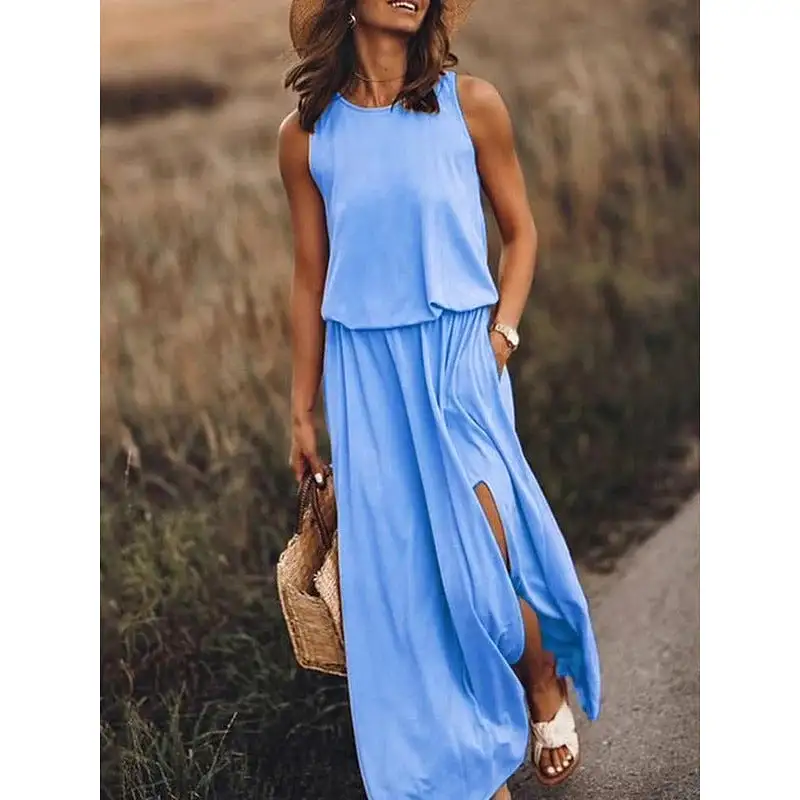 INSTOCK - summer women's round neck sleeveless dress with slit