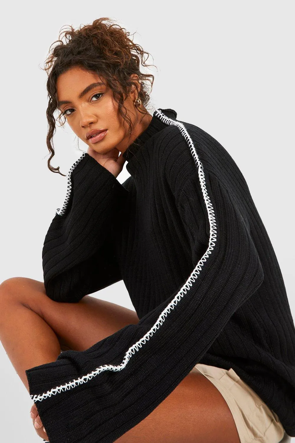 Jumpers & Cardigans | Tall Whipstitch Funnel Neck Rib Knitted Jumper | boohoo