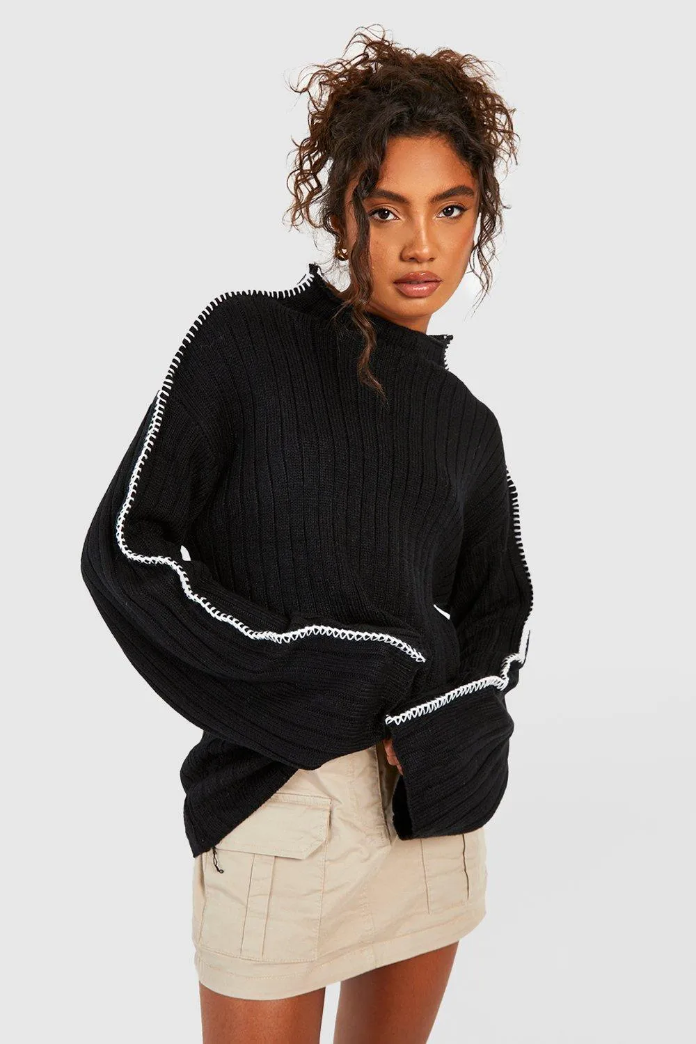 Jumpers & Cardigans | Tall Whipstitch Funnel Neck Rib Knitted Jumper | boohoo