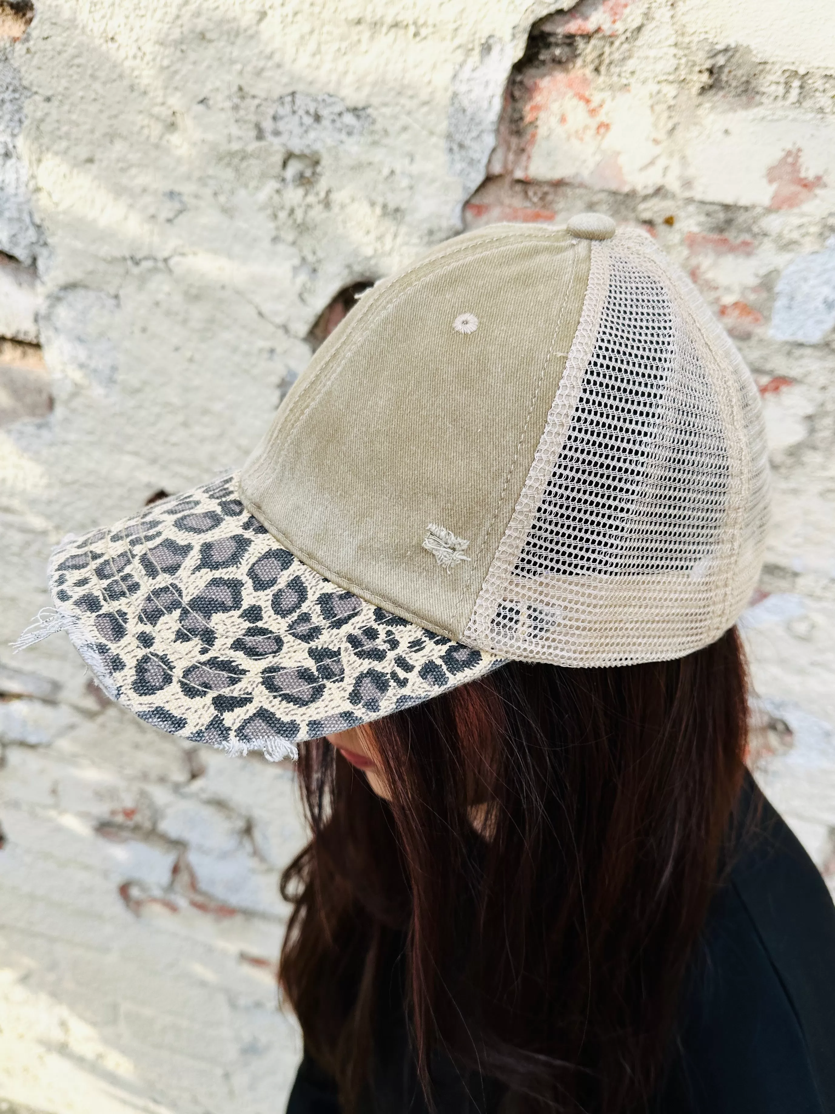 Leopard Brim Distressed Hat  Tan