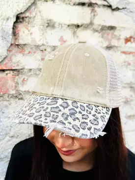 Leopard Brim Distressed Hat  Tan