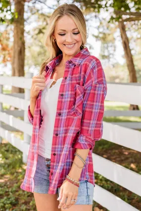 Living On The Edge Plaid Button Top- Red