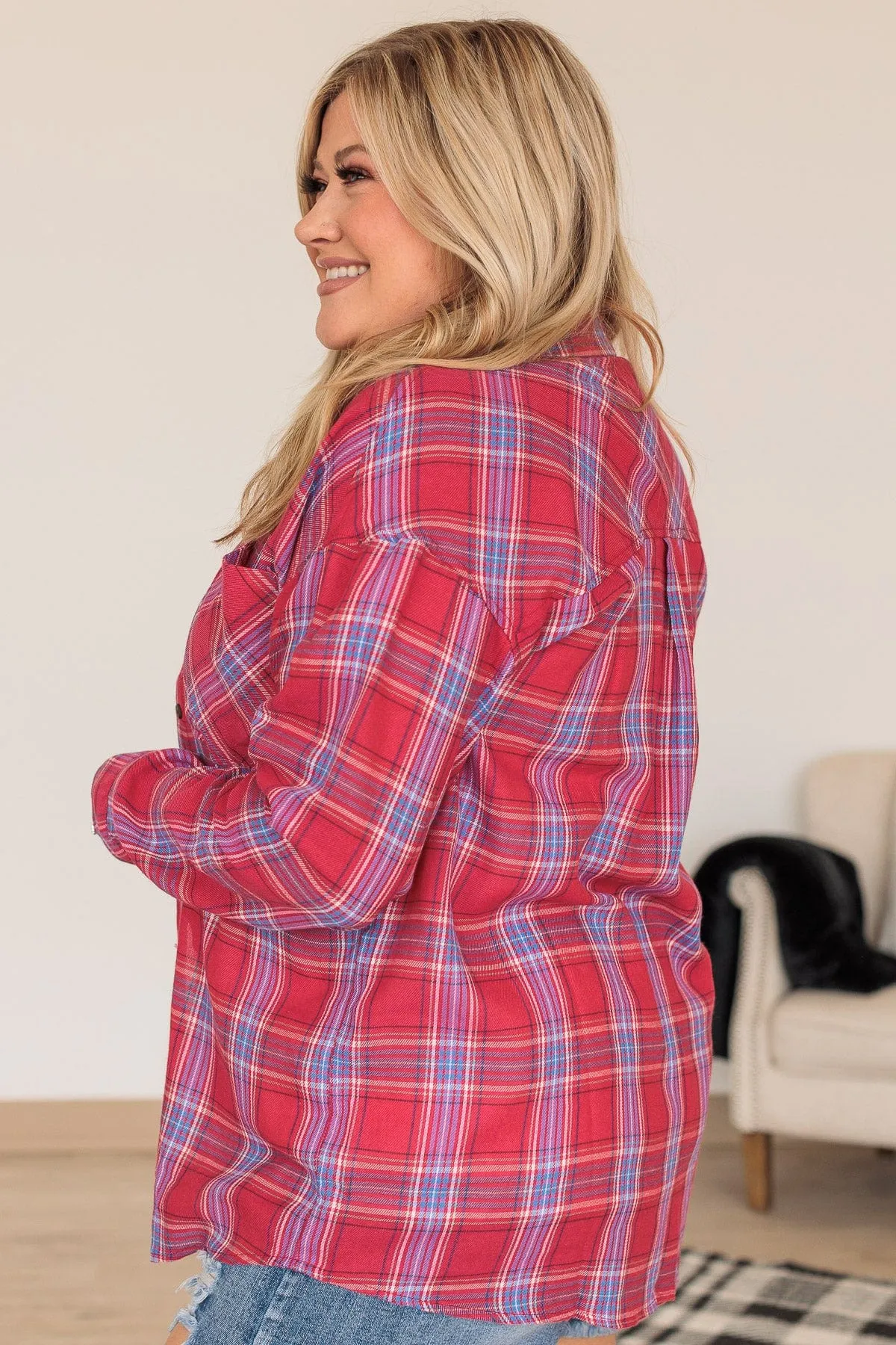 Living On The Edge Plaid Button Top- Red