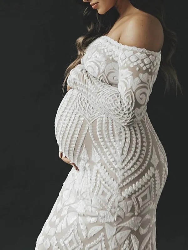 Momnfancy White Lace Off Shoulder Mermaid Bodycon Wedding Gown Elegant Formal Baby Shower Maternity Maxi Dress