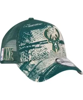 New Era Men's NBA Hunter Green/Cream Milwaukee Bucks Tip Off A-Frame Trucker 9FORTY Adjustable Hat