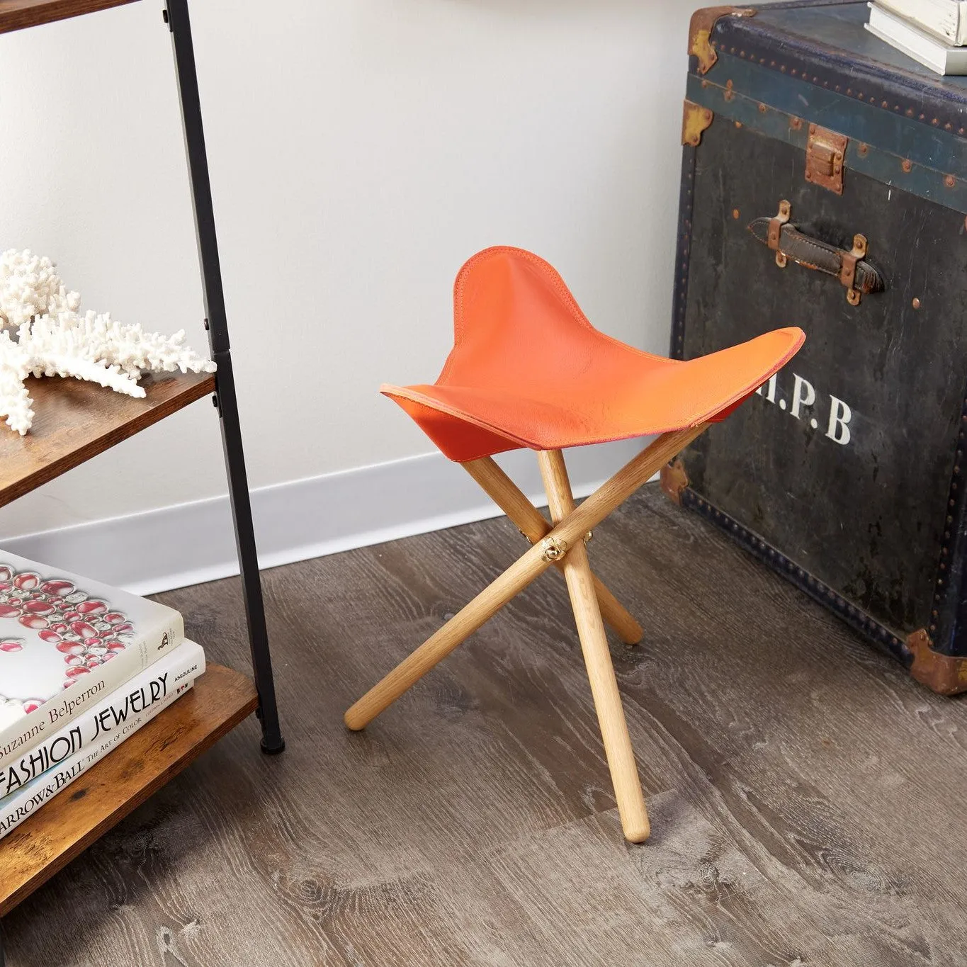 Orange Leather Petal Folding Stool