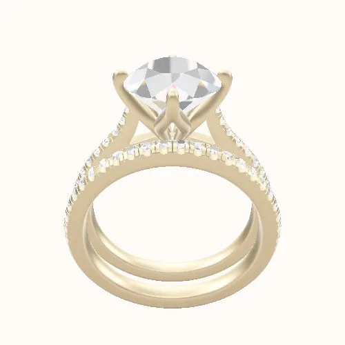 Pave Cathedral Engagement Ring With Petal Compass Prong Head and Matching Band