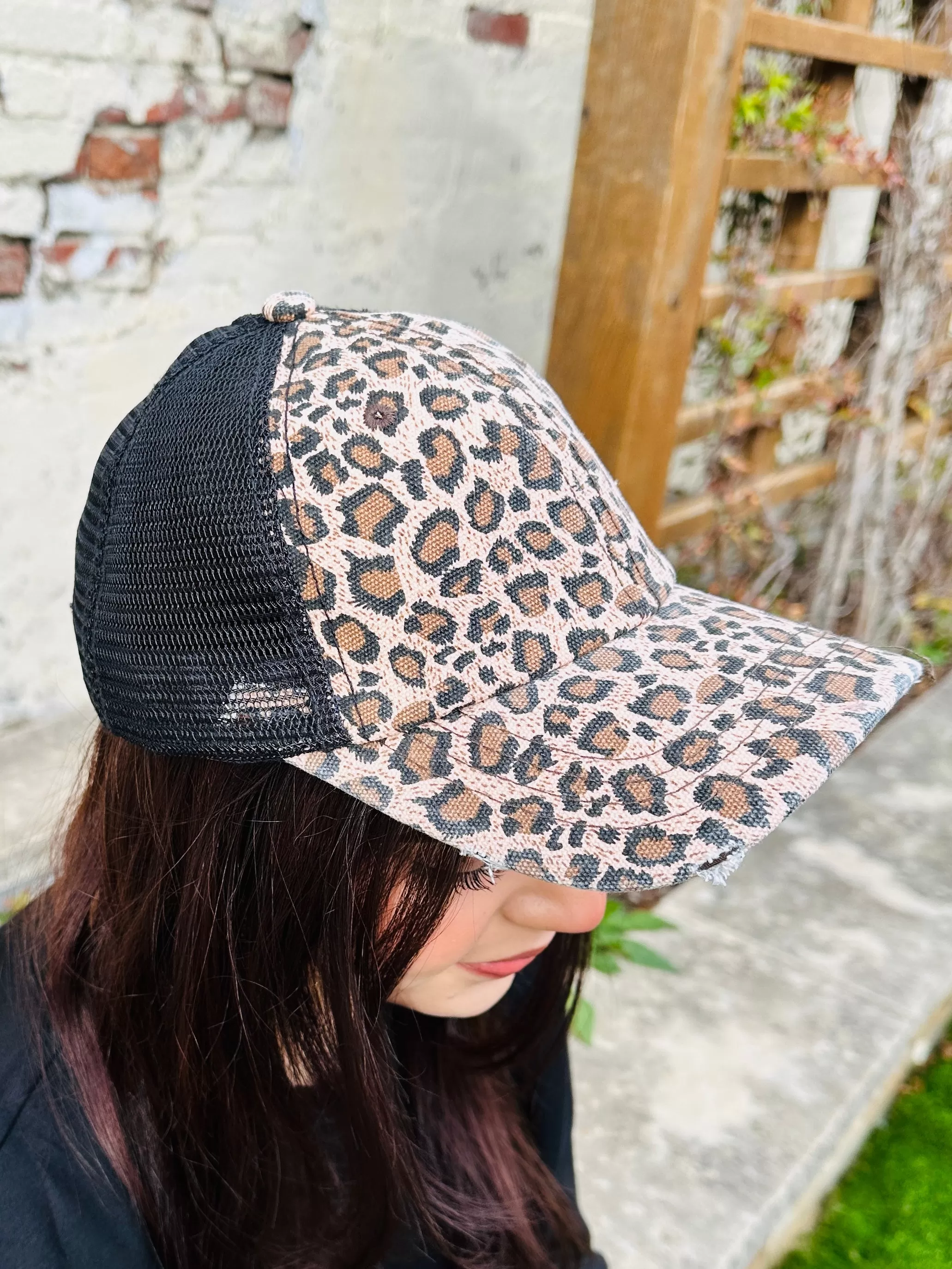 Pink Leopard Pony Tail Hat  Black Mesh