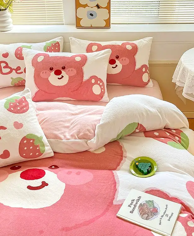 Pinky bear fleece warm winter bedding set