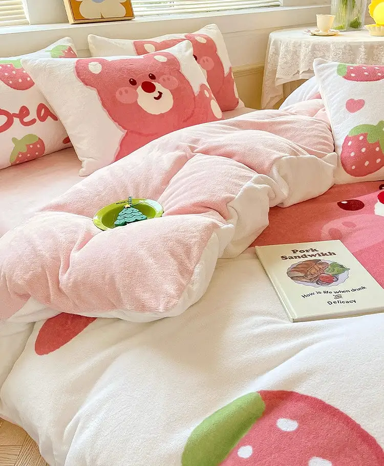 Pinky bear fleece warm winter bedding set