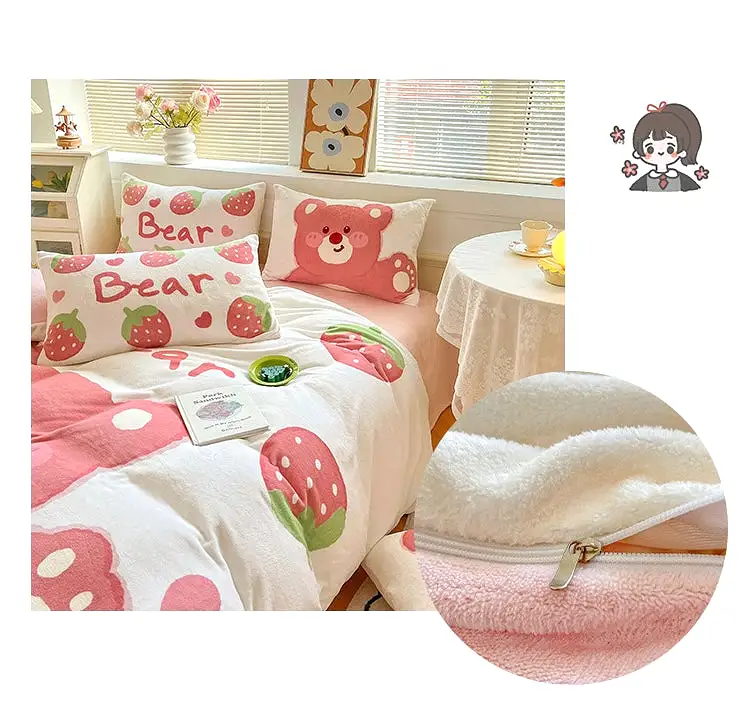 Pinky bear fleece warm winter bedding set