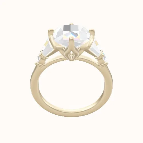 Plain Band with Triple Tapered Baguettes & Round Sidestones Engagement Ring With Petal Compass Prong Head