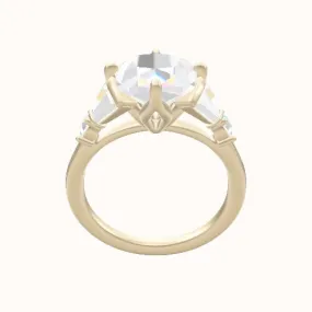 Plain Band with Triple Tapered Baguettes & Round Sidestones Engagement Ring With Petal Compass Prong Head