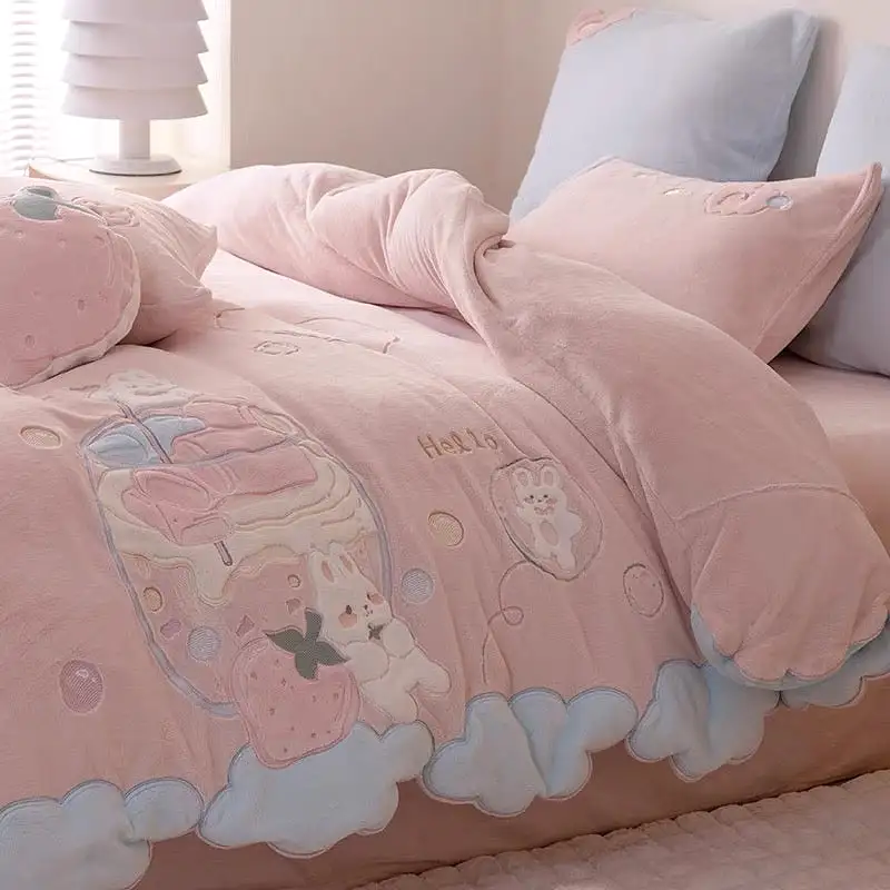 Premium collection warm and soft  milky fleece rabbit strawberry bedding set