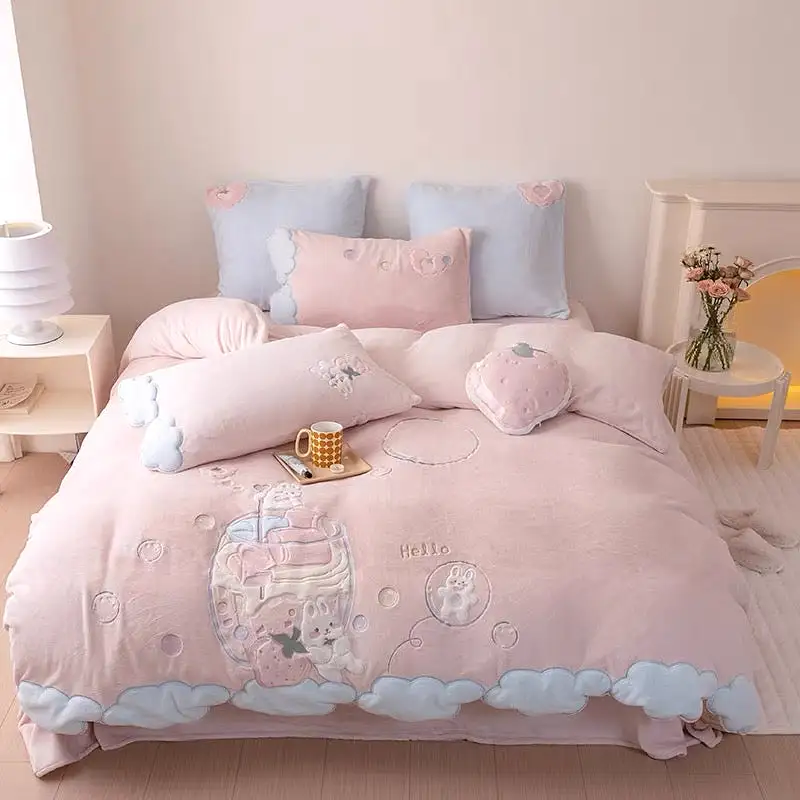 Premium collection warm and soft  milky fleece rabbit strawberry bedding set