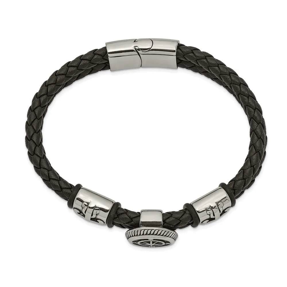 Stainless Steel & Black Leather Antiqued Compass Bracelet, 8.25 Inch