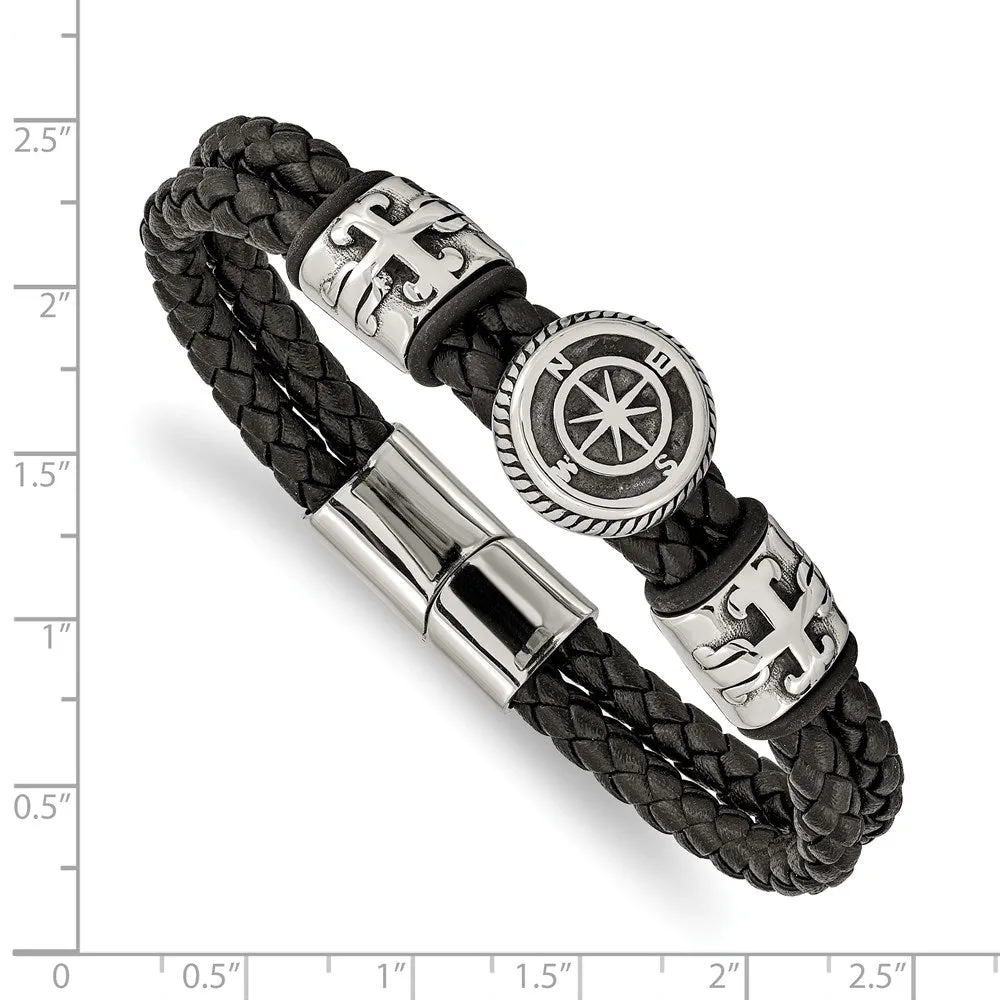 Stainless Steel & Black Leather Antiqued Compass Bracelet, 8.25 Inch