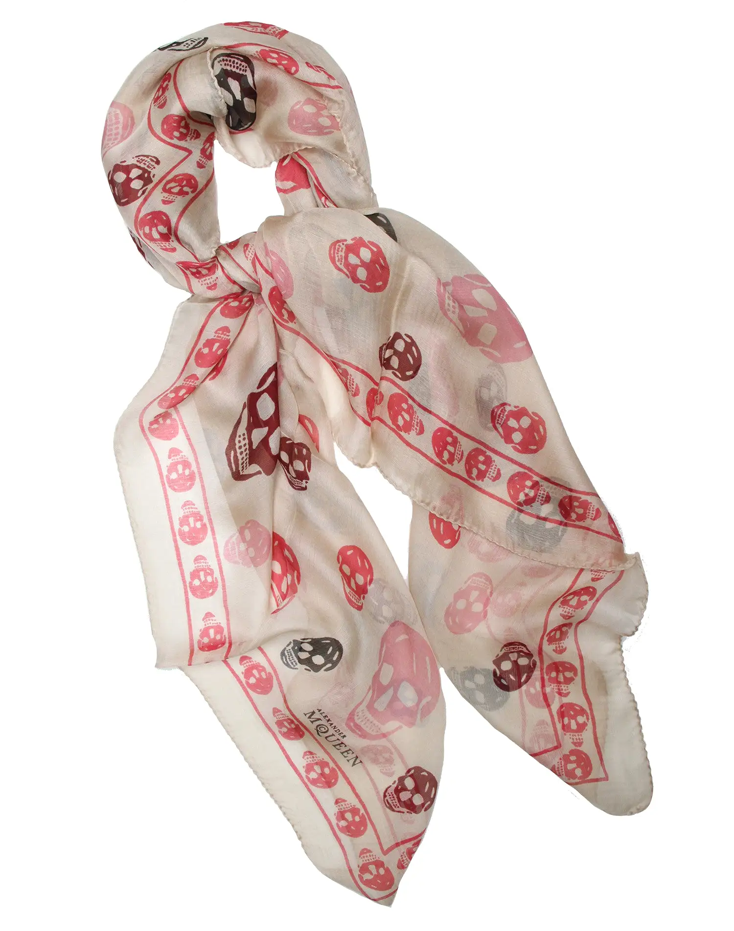 Tri-colour Skull Scarf Silk Chiffon, Cream/Red/Burgundy