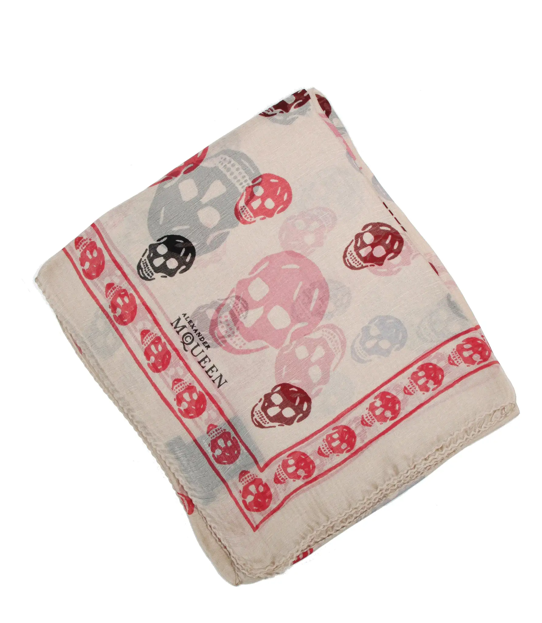 Tri-colour Skull Scarf Silk Chiffon, Cream/Red/Burgundy