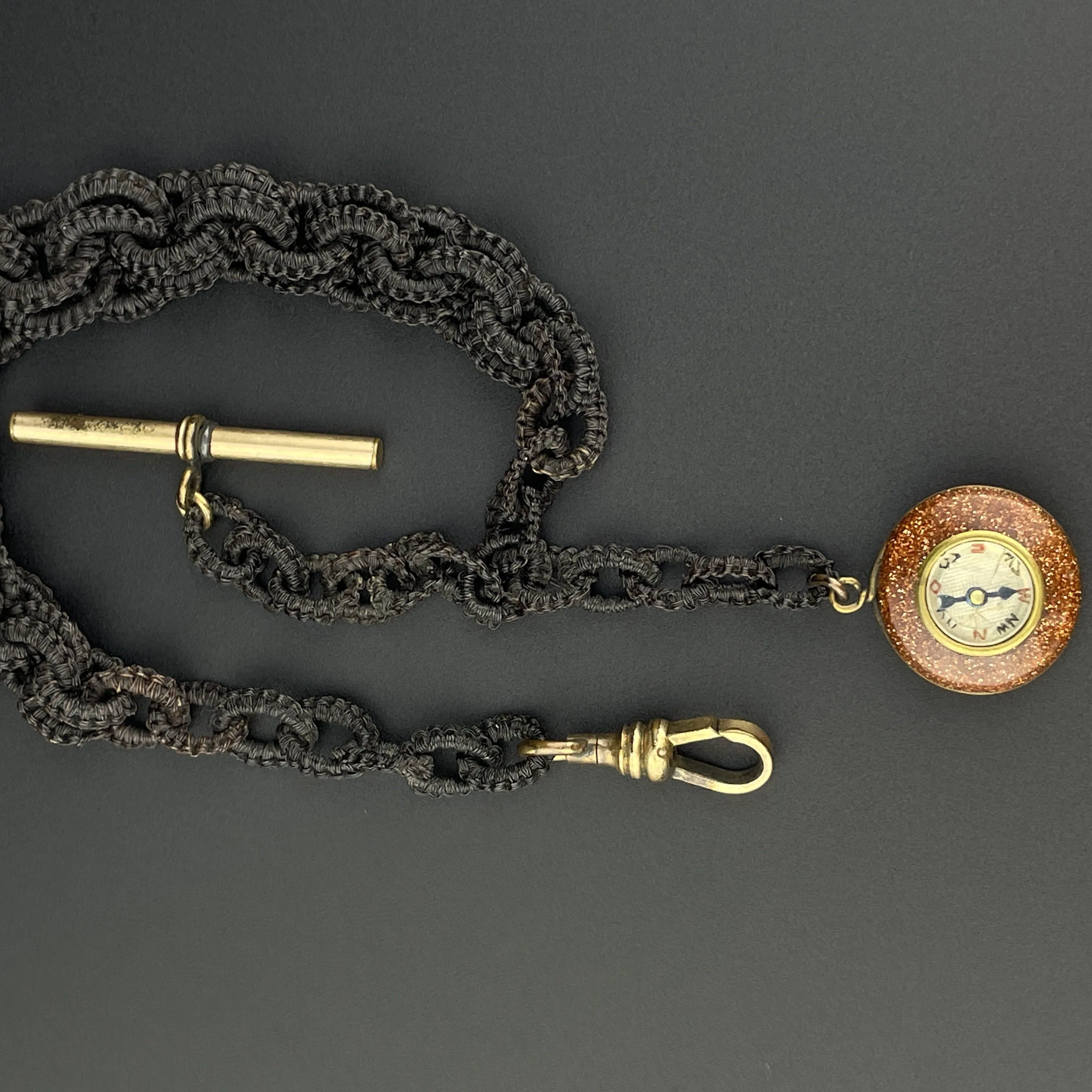 Victorian Horse Hair Working Goldstone Compass Fob Watch Chain