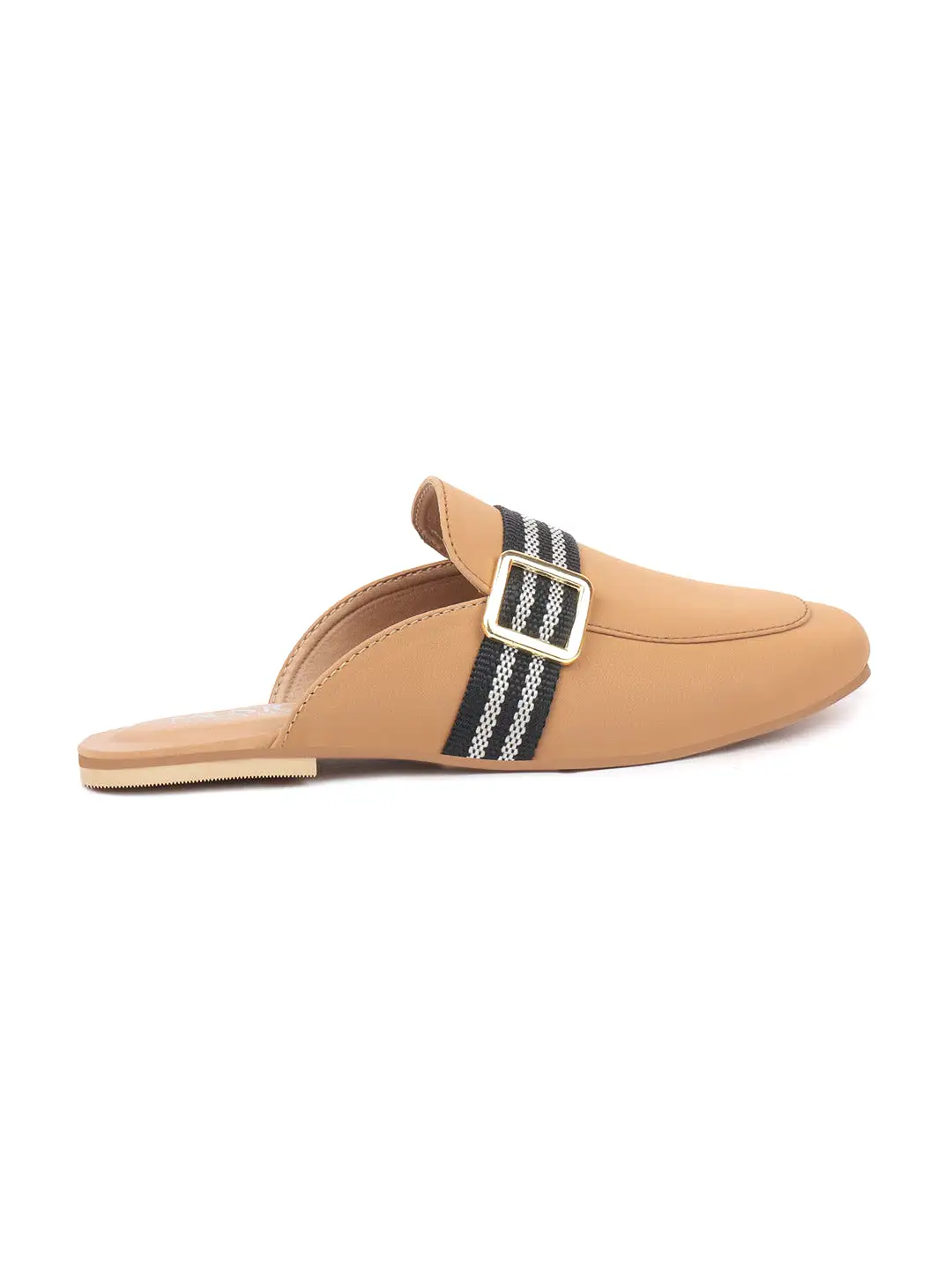 Women Beige Back Open Flat Mules with Buckle Strap