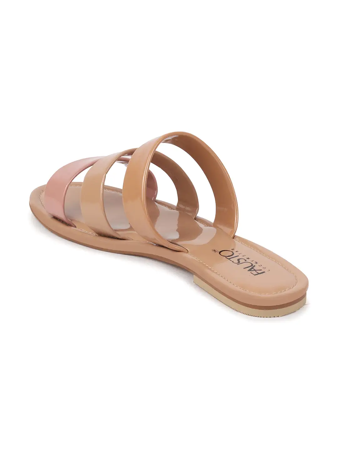 Women Beige Slip-On Casual Mullti Strap Open Toe Outdoor Patent Flats Slippers