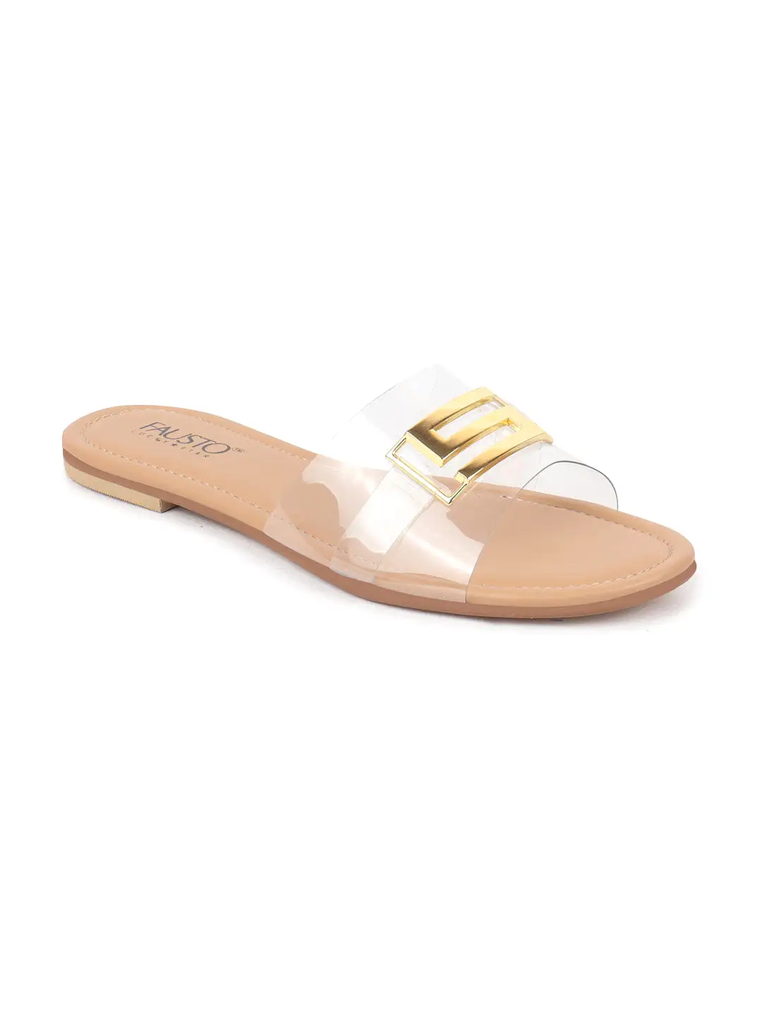 Women Beige Slip-On Casual Open Toe Buckle Design Outdoor Flats Slippers