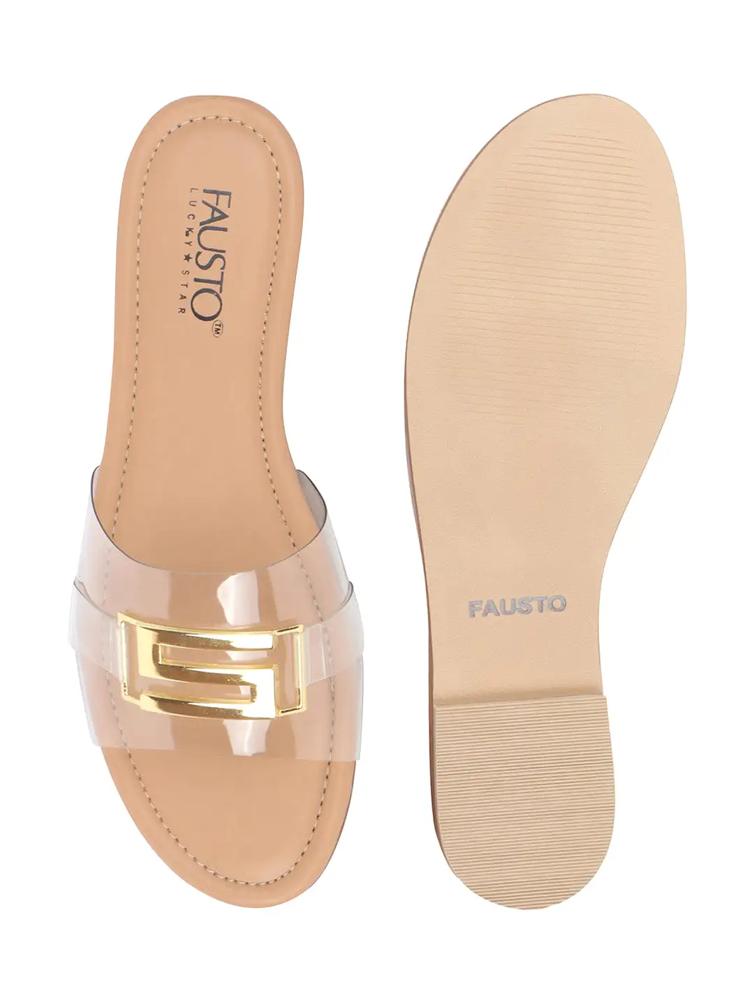 Women Beige Slip-On Casual Open Toe Buckle Design Outdoor Flats Slippers