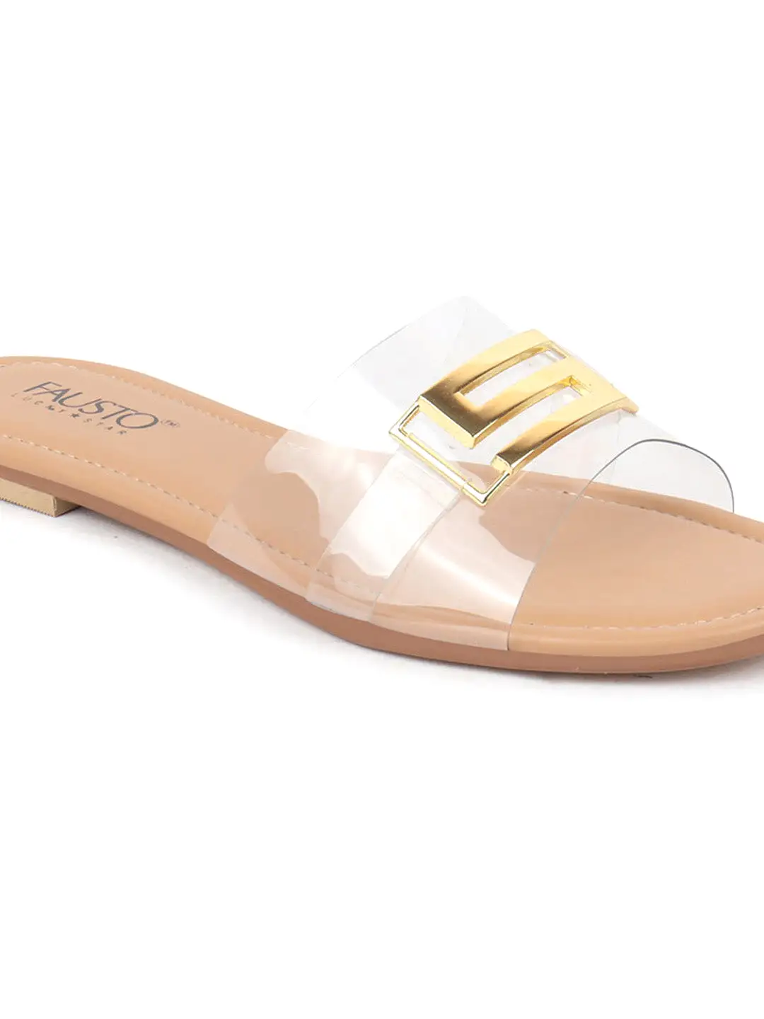 Women Beige Slip-On Casual Open Toe Buckle Design Outdoor Flats Slippers