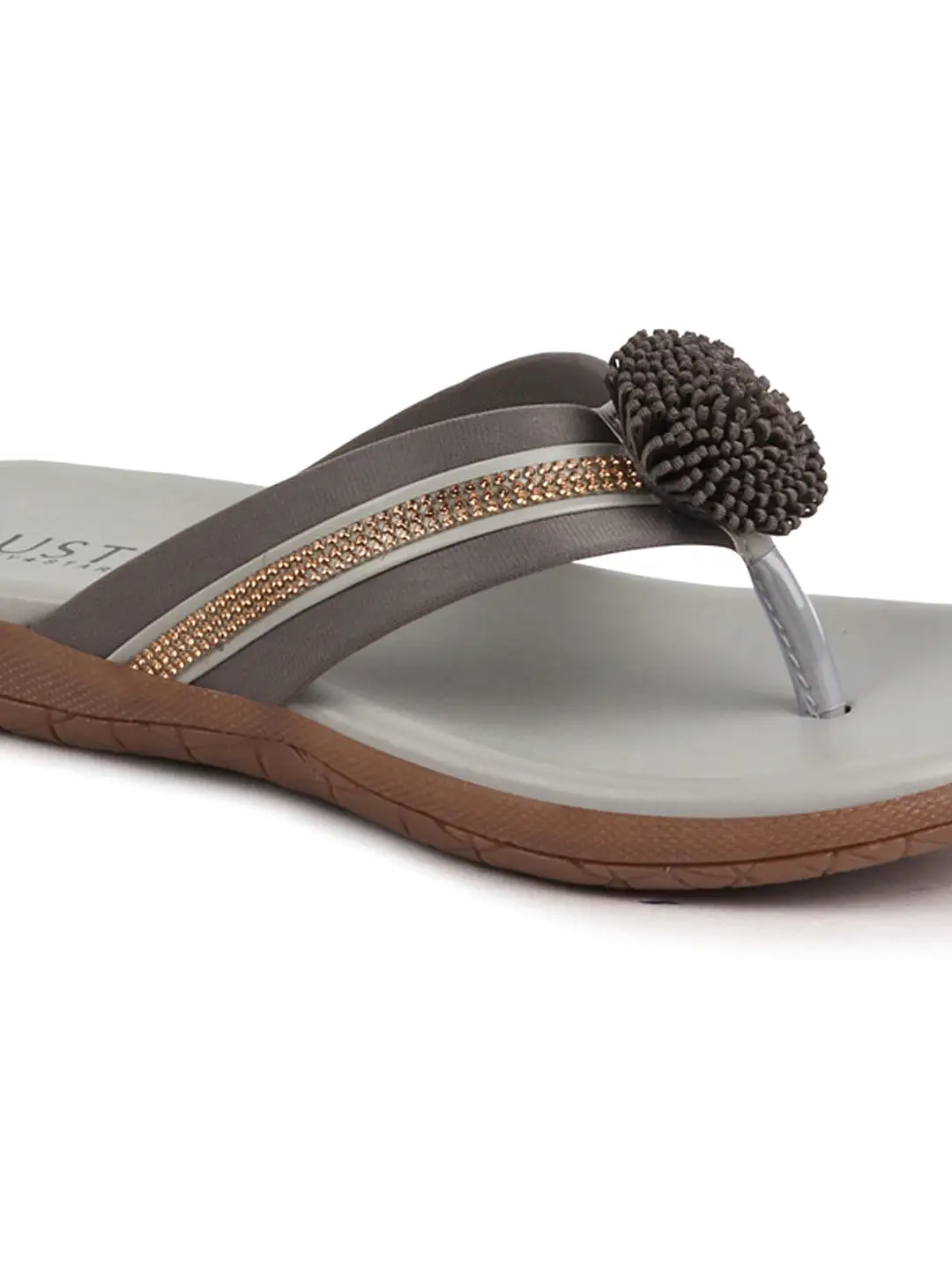 Women Grey Shiny Beads T-Strap Slipper With Cushioned Footbed|Party|Office Wear|Weekend