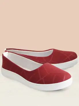 Women Maroon Casual Canvas Slip-On Ballerina