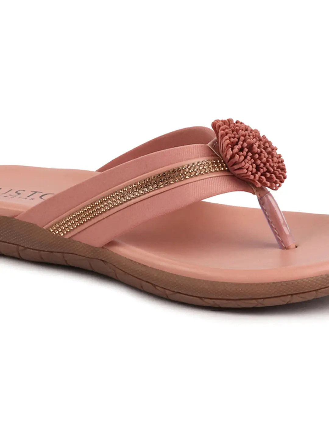 Women Pink Shiny Beads T-Strap Slipper With Cushioned Footbed|Party|Office Wear|Weekend