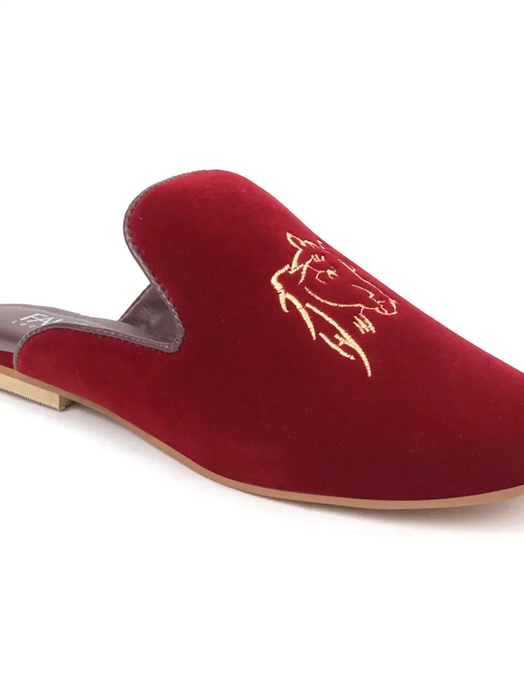 Women Red Embroidery Velvet Back Open Flat Mules