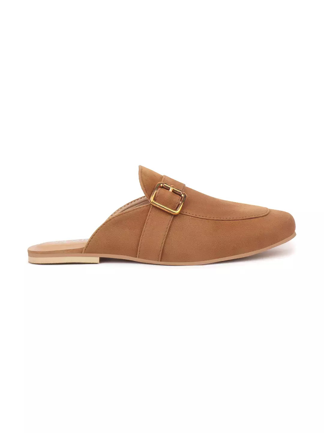 Women Tan Back Open Flat Mules with Buckle Strap