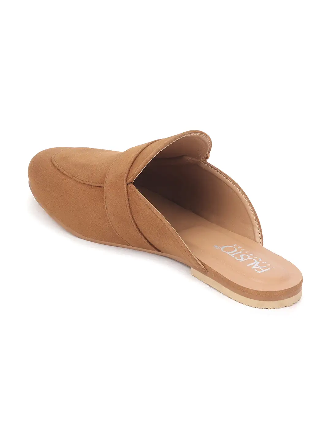 Women Tan Back Open Flat Mules with Buckle Strap