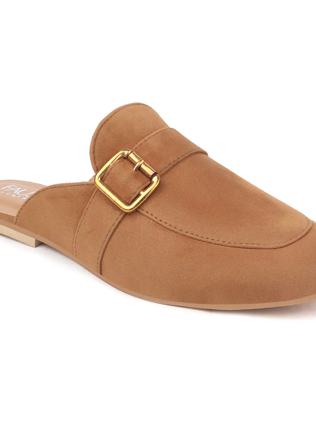 Women Tan Back Open Flat Mules with Buckle Strap